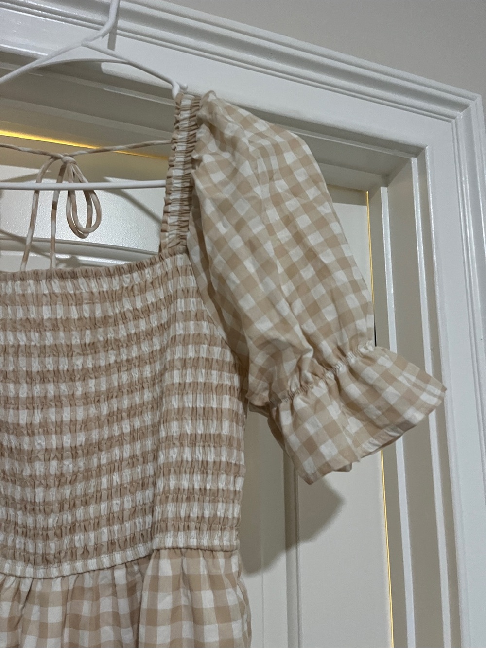 Beige Gingham Smocked Midi Dress - Picture 3 of 5